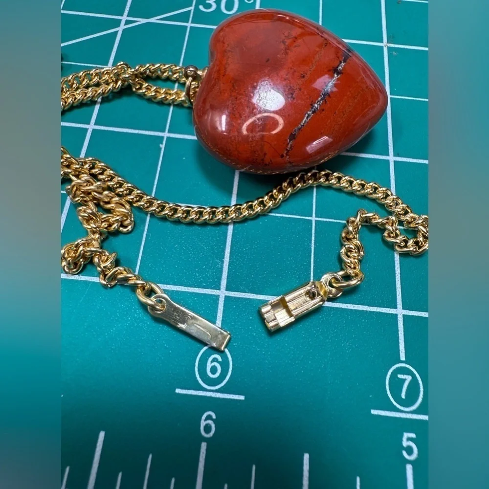 Red Jasper Heart Pendant Necklace Gold Plated Chain Adjustable Clasp Germany‎